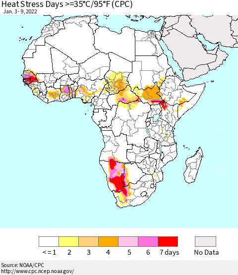 Africa Heat Stress Days >=35°C/95°F (CPC) Thematic Map For 1/3/2022 - 1/9/2022