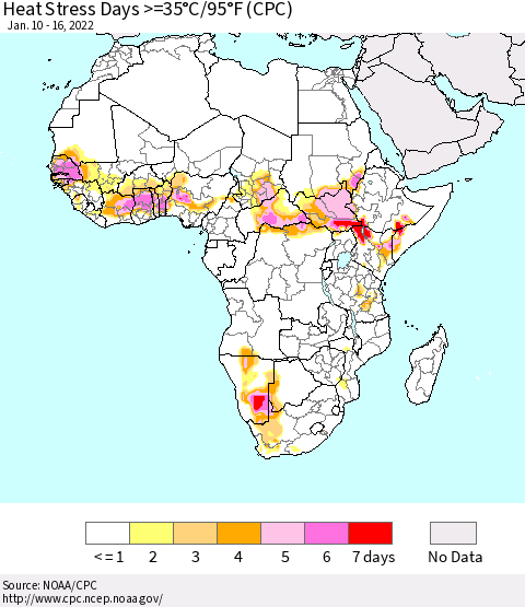Africa Heat Stress Days >=35°C/95°F (CPC) Thematic Map For 1/10/2022 - 1/16/2022