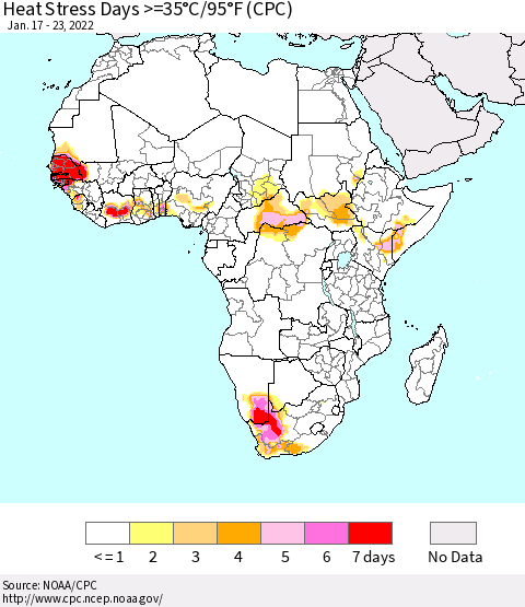 Africa Heat Stress Days >=35°C/95°F (CPC) Thematic Map For 1/17/2022 - 1/23/2022