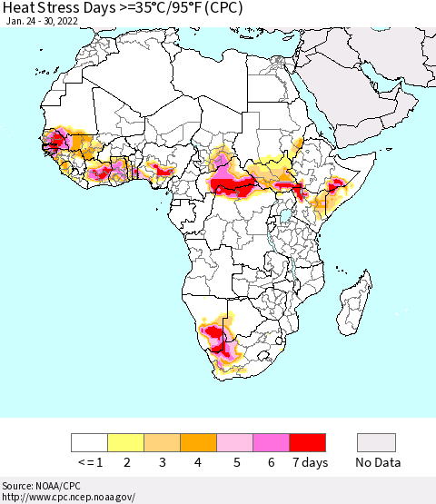 Africa Heat Stress Days >=35°C/95°F (CPC) Thematic Map For 1/24/2022 - 1/30/2022
