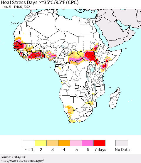 Africa Heat Stress Days >=35°C/95°F (CPC) Thematic Map For 1/31/2022 - 2/6/2022