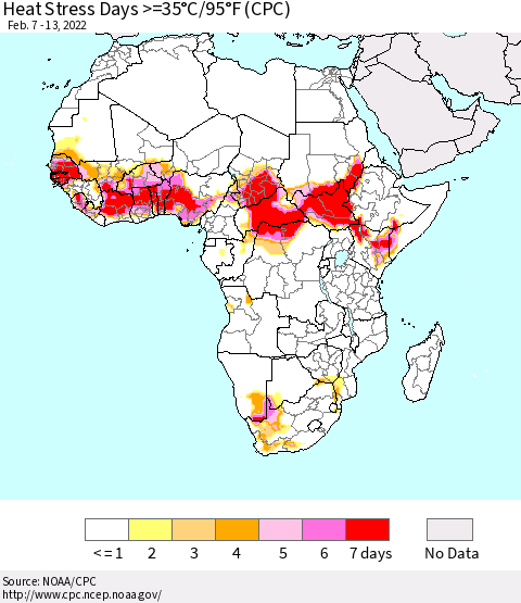 Africa Heat Stress Days >=35°C/95°F (CPC) Thematic Map For 2/7/2022 - 2/13/2022