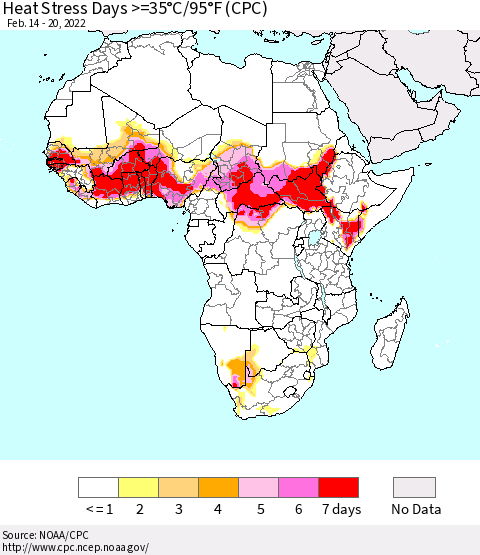 Africa Heat Stress Days >=35°C/95°F (CPC) Thematic Map For 2/14/2022 - 2/20/2022