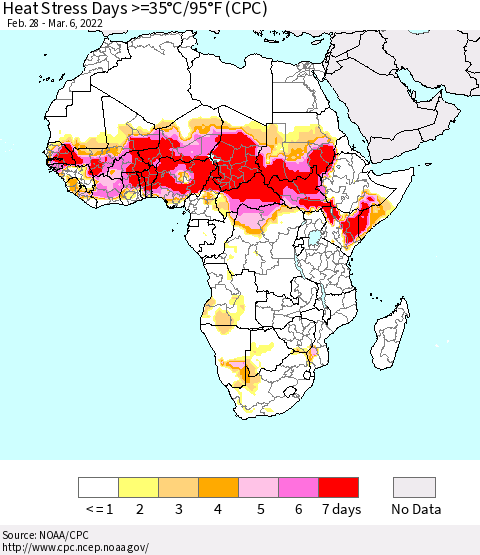 Africa Heat Stress Days >=35°C/95°F (CPC) Thematic Map For 2/28/2022 - 3/6/2022