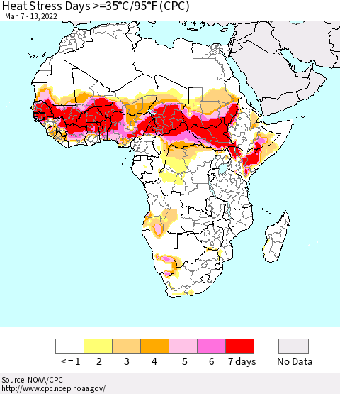 Africa Heat Stress Days >=35°C/95°F (CPC) Thematic Map For 3/7/2022 - 3/13/2022