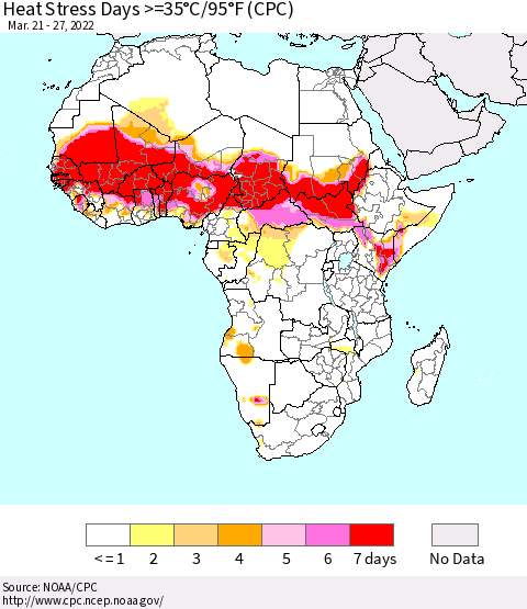 Africa Heat Stress Days >=35°C/95°F (CPC) Thematic Map For 3/21/2022 - 3/27/2022