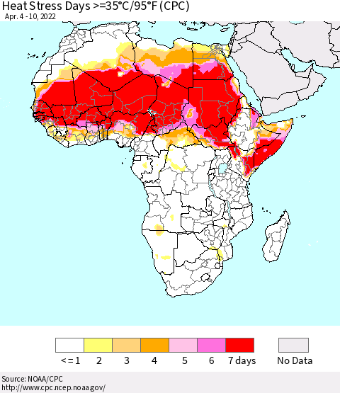 Africa Heat Stress Days >=35°C/95°F (CPC) Thematic Map For 4/4/2022 - 4/10/2022