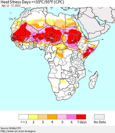 Africa Heat Stress Days >=35°C/95°F (CPC) Thematic Map For 4/11/2022 - 4/17/2022