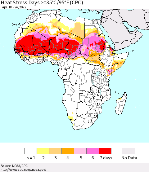 Africa Heat Stress Days >=35°C/95°F (CPC) Thematic Map For 4/18/2022 - 4/24/2022
