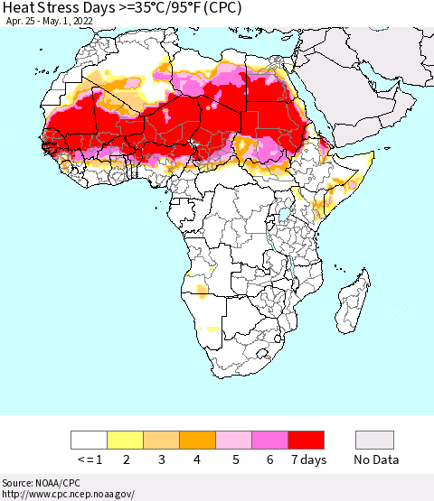 Africa Heat Stress Days >=35°C/95°F (CPC) Thematic Map For 4/25/2022 - 5/1/2022