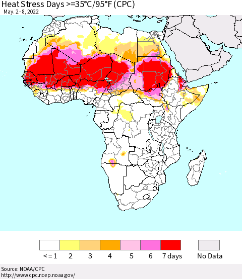 Africa Heat Stress Days >=35°C/95°F (CPC) Thematic Map For 5/2/2022 - 5/8/2022