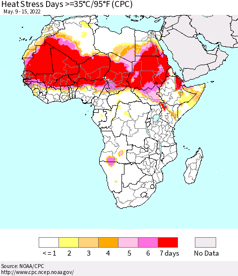 Africa Heat Stress Days >=35°C/95°F (CPC) Thematic Map For 5/9/2022 - 5/15/2022