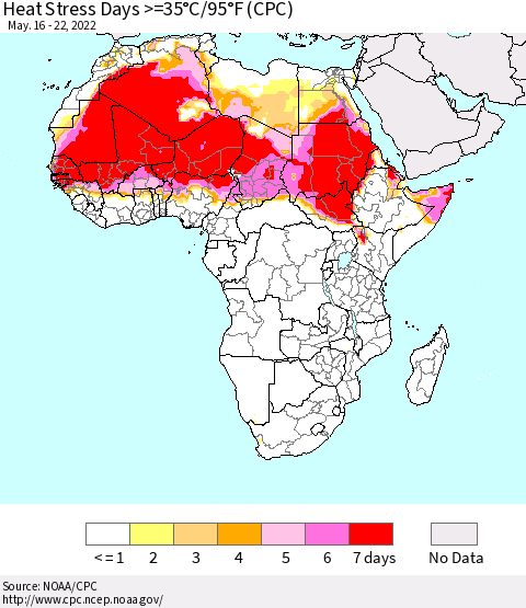 Africa Heat Stress Days >=35°C/95°F (CPC) Thematic Map For 5/16/2022 - 5/22/2022