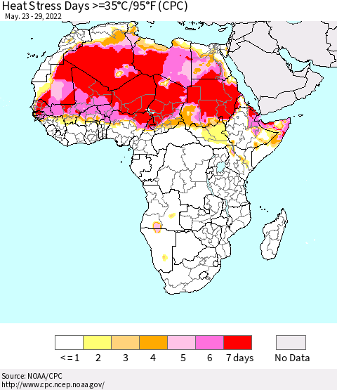 Africa Heat Stress Days >=35°C/95°F (CPC) Thematic Map For 5/23/2022 - 5/29/2022