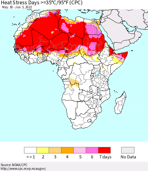 Africa Heat Stress Days >=35°C/95°F (CPC) Thematic Map For 5/30/2022 - 6/5/2022