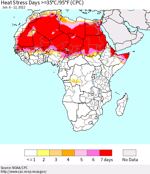 Africa Heat Stress Days >=35°C/95°F (CPC) Thematic Map For 6/6/2022 - 6/12/2022