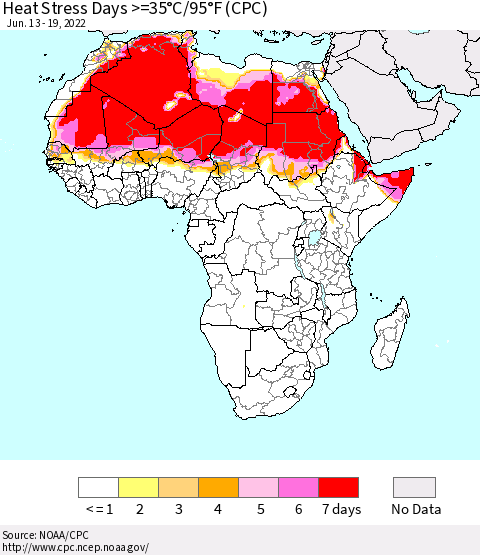 Africa Heat Stress Days >=35°C/95°F (CPC) Thematic Map For 6/13/2022 - 6/19/2022