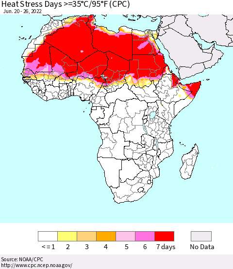 Africa Heat Stress Days >=35°C/95°F (CPC) Thematic Map For 6/20/2022 - 6/26/2022
