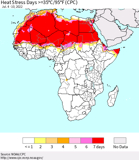 Africa Heat Stress Days >=35°C/95°F (CPC) Thematic Map For 7/4/2022 - 7/10/2022