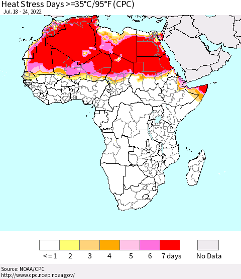 Africa Heat Stress Days >=35°C/95°F (CPC) Thematic Map For 7/18/2022 - 7/24/2022