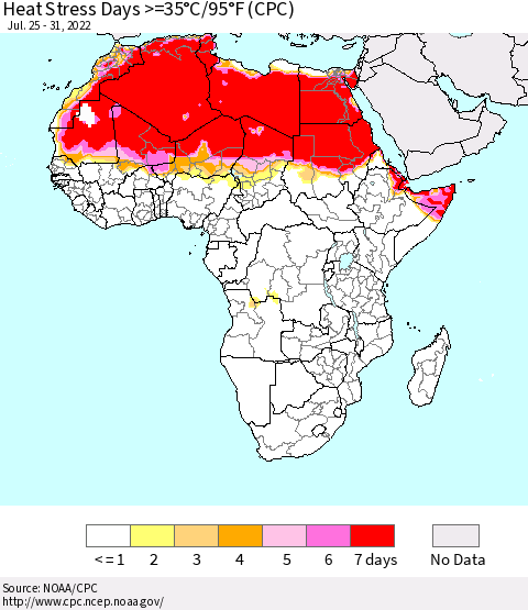 Africa Heat Stress Days >=35°C/95°F (CPC) Thematic Map For 7/25/2022 - 7/31/2022
