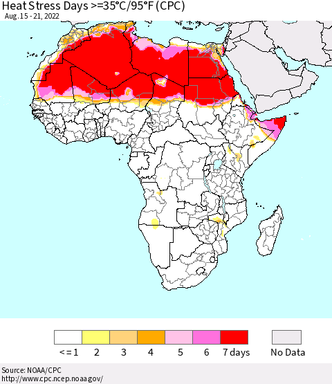 Africa Heat Stress Days >=35°C/95°F (CPC) Thematic Map For 8/15/2022 - 8/21/2022