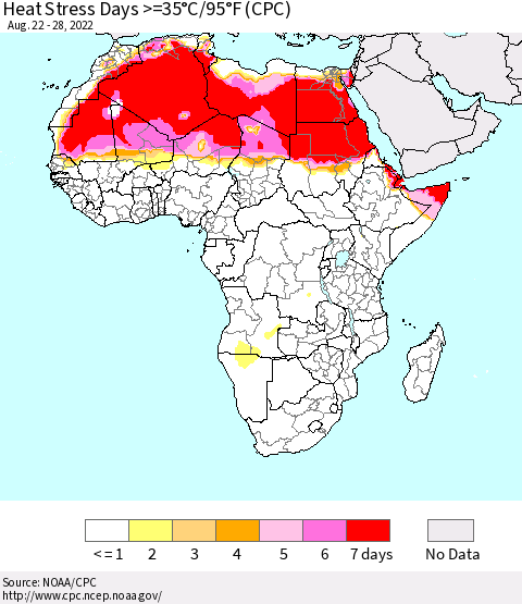 Africa Heat Stress Days >=35°C/95°F (CPC) Thematic Map For 8/22/2022 - 8/28/2022