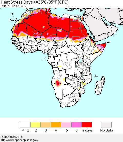 Africa Heat Stress Days >=35°C/95°F (CPC) Thematic Map For 8/29/2022 - 9/4/2022