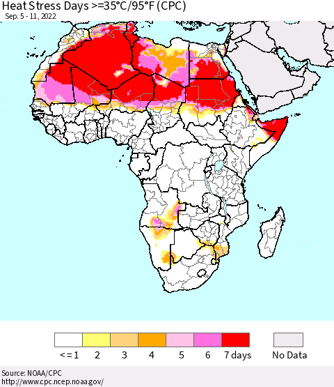 Africa Heat Stress Days >=35°C/95°F (CPC) Thematic Map For 9/5/2022 - 9/11/2022