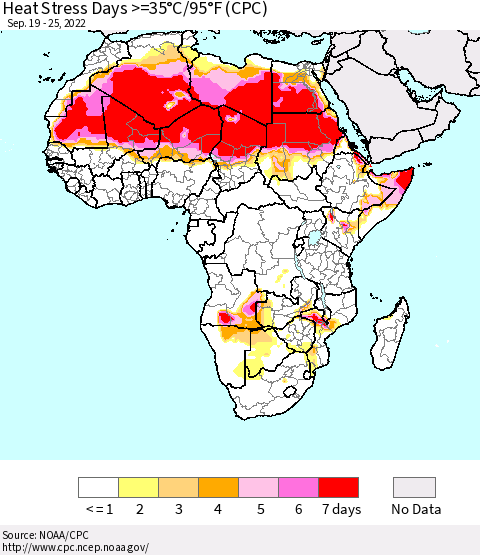 Africa Heat Stress Days >=35°C/95°F (CPC) Thematic Map For 9/19/2022 - 9/25/2022