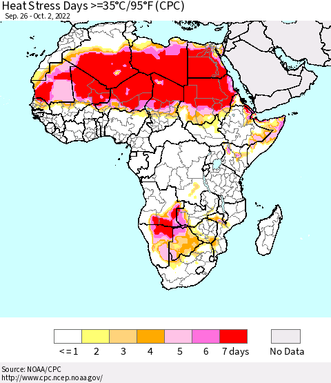 Africa Heat Stress Days >=35°C/95°F (CPC) Thematic Map For 9/26/2022 - 10/2/2022