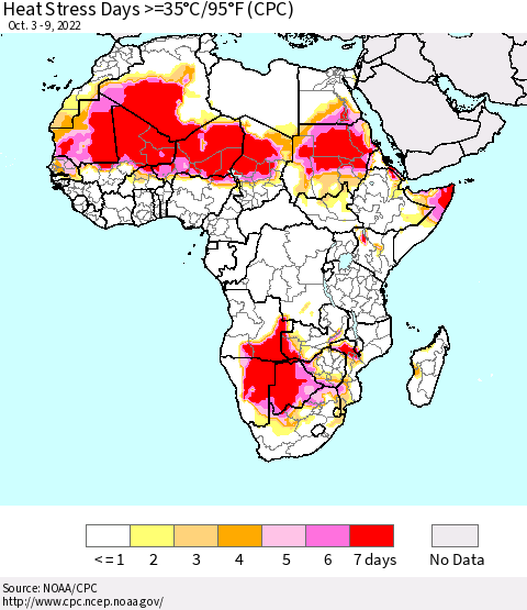 Africa Heat Stress Days >=35°C/95°F (CPC) Thematic Map For 10/3/2022 - 10/9/2022