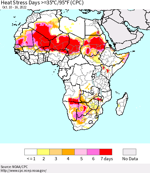 Africa Heat Stress Days >=35°C/95°F (CPC) Thematic Map For 10/10/2022 - 10/16/2022