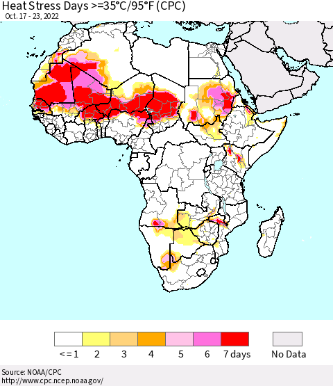 Africa Heat Stress Days >=35°C/95°F (CPC) Thematic Map For 10/17/2022 - 10/23/2022