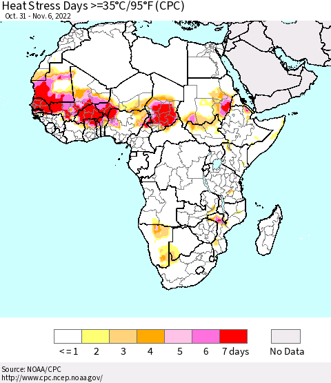 Africa Heat Stress Days >=35°C/95°F (CPC) Thematic Map For 10/31/2022 - 11/6/2022