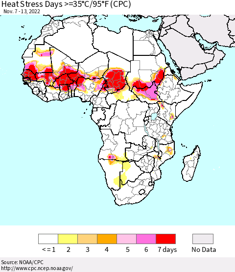 Africa Heat Stress Days >=35°C/95°F (CPC) Thematic Map For 11/7/2022 - 11/13/2022