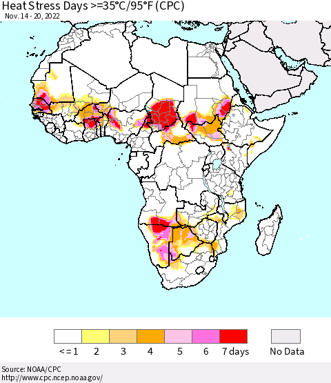 Africa Heat Stress Days >=35°C/95°F (CPC) Thematic Map For 11/14/2022 - 11/20/2022