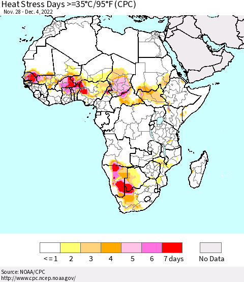 Africa Heat Stress Days >=35°C/95°F (CPC) Thematic Map For 11/28/2022 - 12/4/2022
