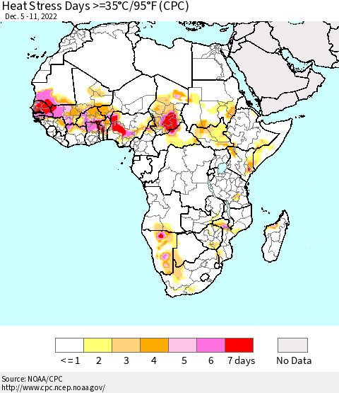 Africa Heat Stress Days >=35°C/95°F (CPC) Thematic Map For 12/5/2022 - 12/11/2022