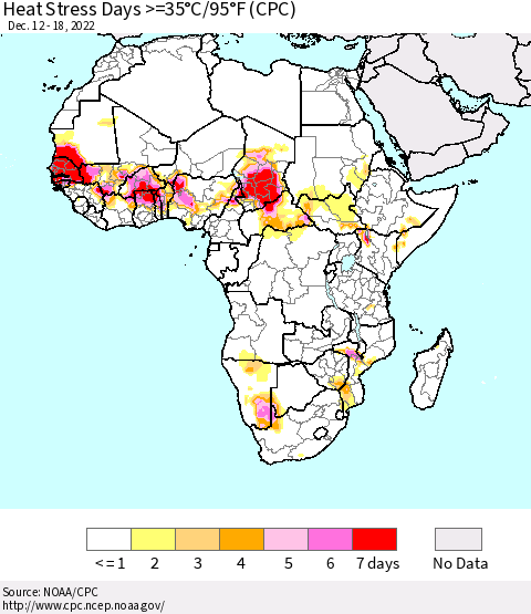 Africa Heat Stress Days >=35°C/95°F (CPC) Thematic Map For 12/12/2022 - 12/18/2022
