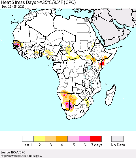 Africa Heat Stress Days >=35°C/95°F (CPC) Thematic Map For 12/19/2022 - 12/25/2022