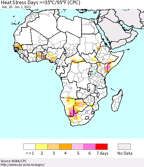 Africa Heat Stress Days >=35°C/95°F (CPC) Thematic Map For 12/26/2022 - 1/1/2023