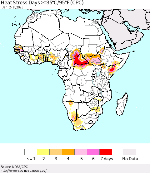 Africa Heat Stress Days >=35°C/95°F (CPC) Thematic Map For 1/2/2023 - 1/8/2023