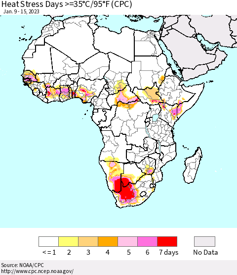 Africa Heat Stress Days >=35°C/95°F (CPC) Thematic Map For 1/9/2023 - 1/15/2023
