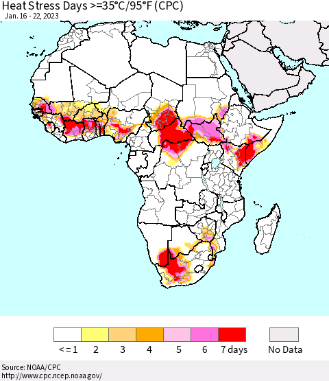Africa Heat Stress Days >=35°C/95°F (CPC) Thematic Map For 1/16/2023 - 1/22/2023