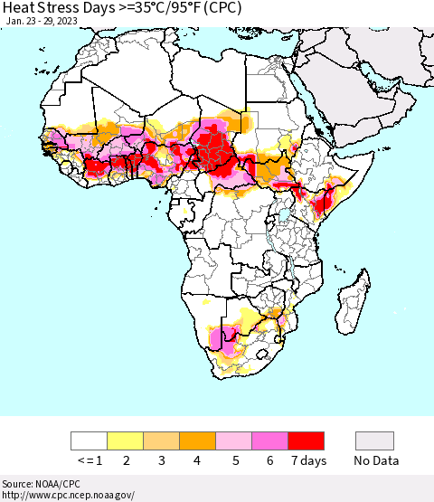 Africa Heat Stress Days >=35°C/95°F (CPC) Thematic Map For 1/23/2023 - 1/29/2023