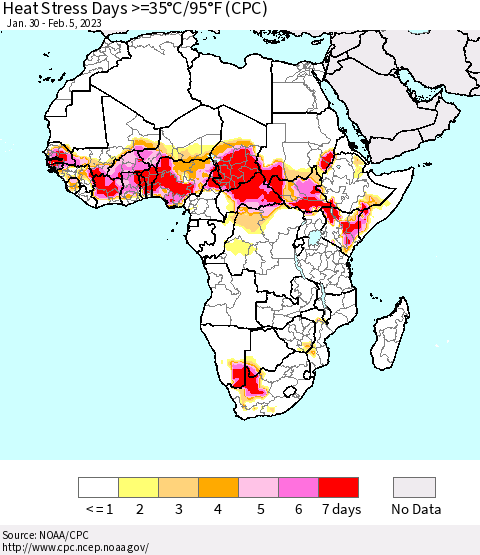 Africa Heat Stress Days >=35°C/95°F (CPC) Thematic Map For 1/30/2023 - 2/5/2023