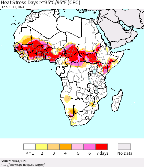 Africa Heat Stress Days >=35°C/95°F (CPC) Thematic Map For 2/6/2023 - 2/12/2023