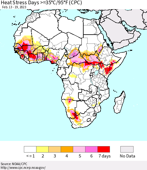 Africa Heat Stress Days >=35°C/95°F (CPC) Thematic Map For 2/13/2023 - 2/19/2023