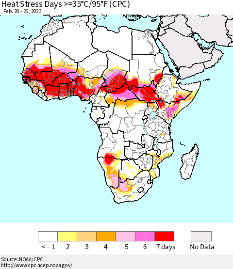 Africa Heat Stress Days >=35°C/95°F (CPC) Thematic Map For 2/20/2023 - 2/26/2023